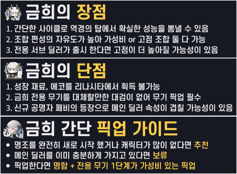 명조 금희 복각 픽업 가이드 뉴비 복귀 장점 단점